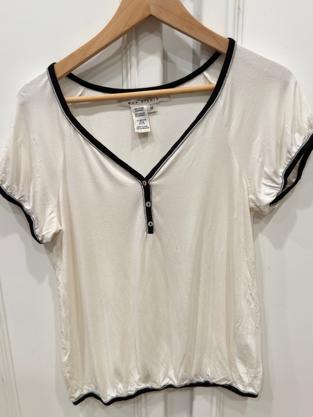Max Studio Ivory Short-Sleeve Henley Top with Black Trim